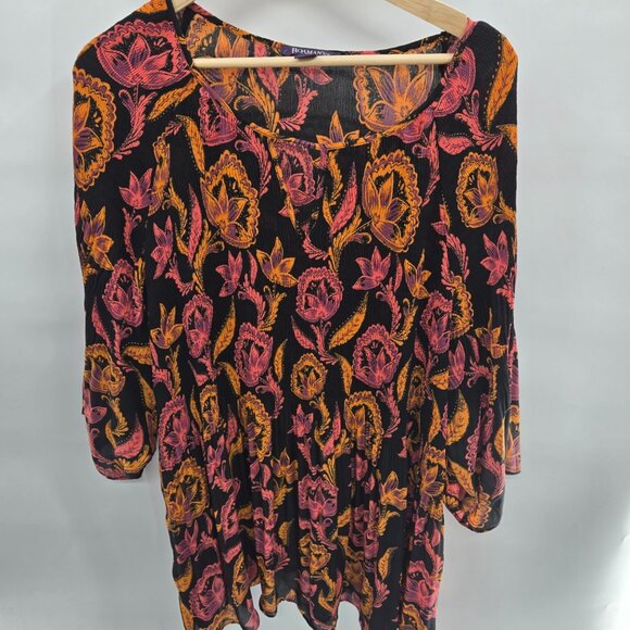 Roaman's Black Orange Pink Floral Unlined Ribbed Textured Tunic Top 32W - Picture 1 of 10